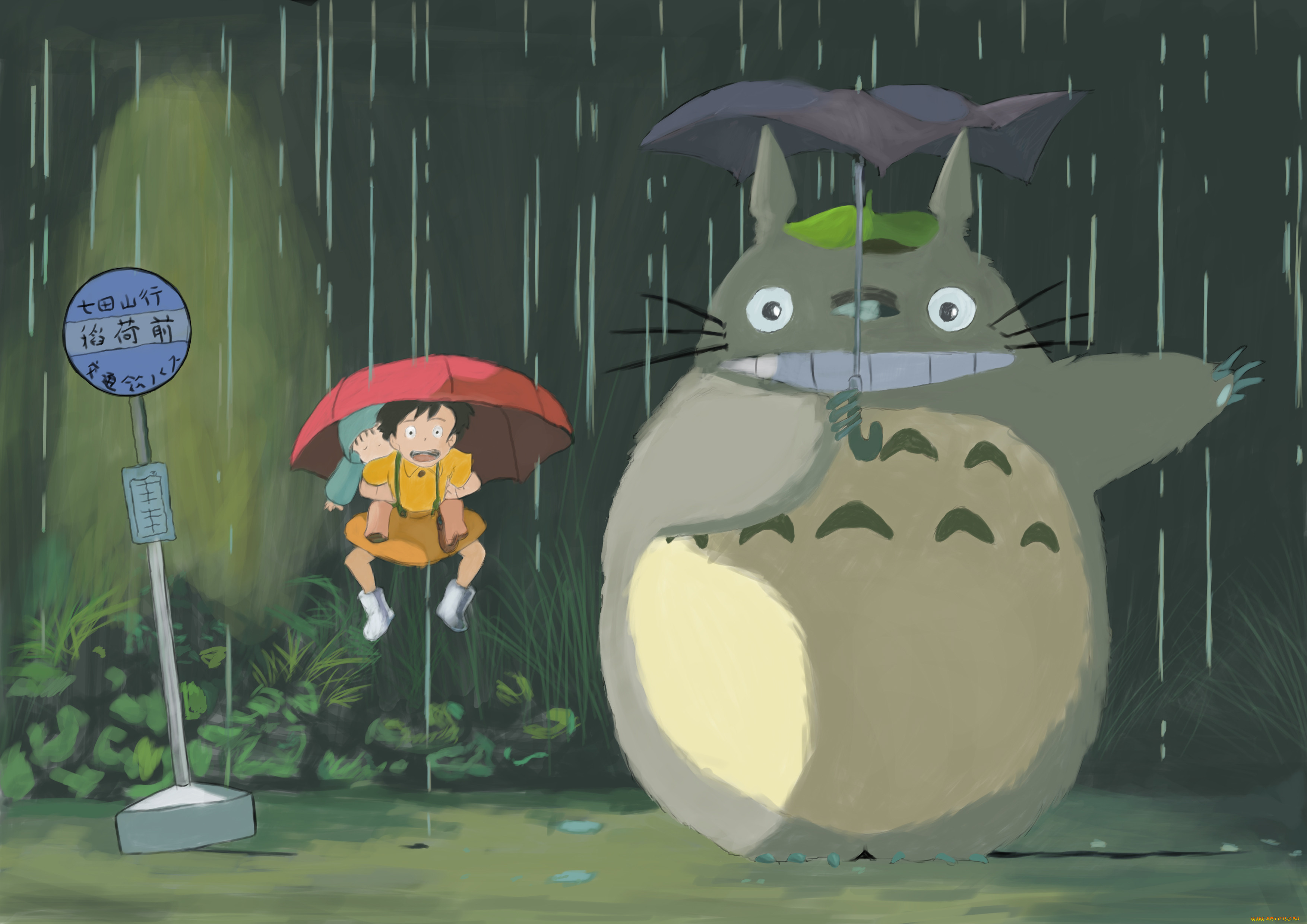 tonari, no, totoro, аниме, *unknown, другое, остановка, дождь, зонты.